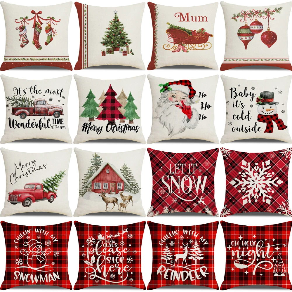 

Merry Christmas Pillow Cover 45x45cm Square Throw Pillowcase Farmhouse Home Party Sofa Couch Chair Car Decor Linen Cushion Cover