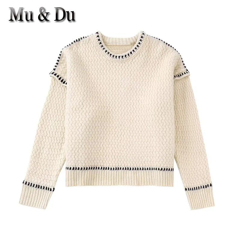 

Mu&Du 2023 Spring Autumn New Knitted Pullover Woman O Neck Contrast Line Decorate Loose Warm Sweater Female Jumper Mujer Tops