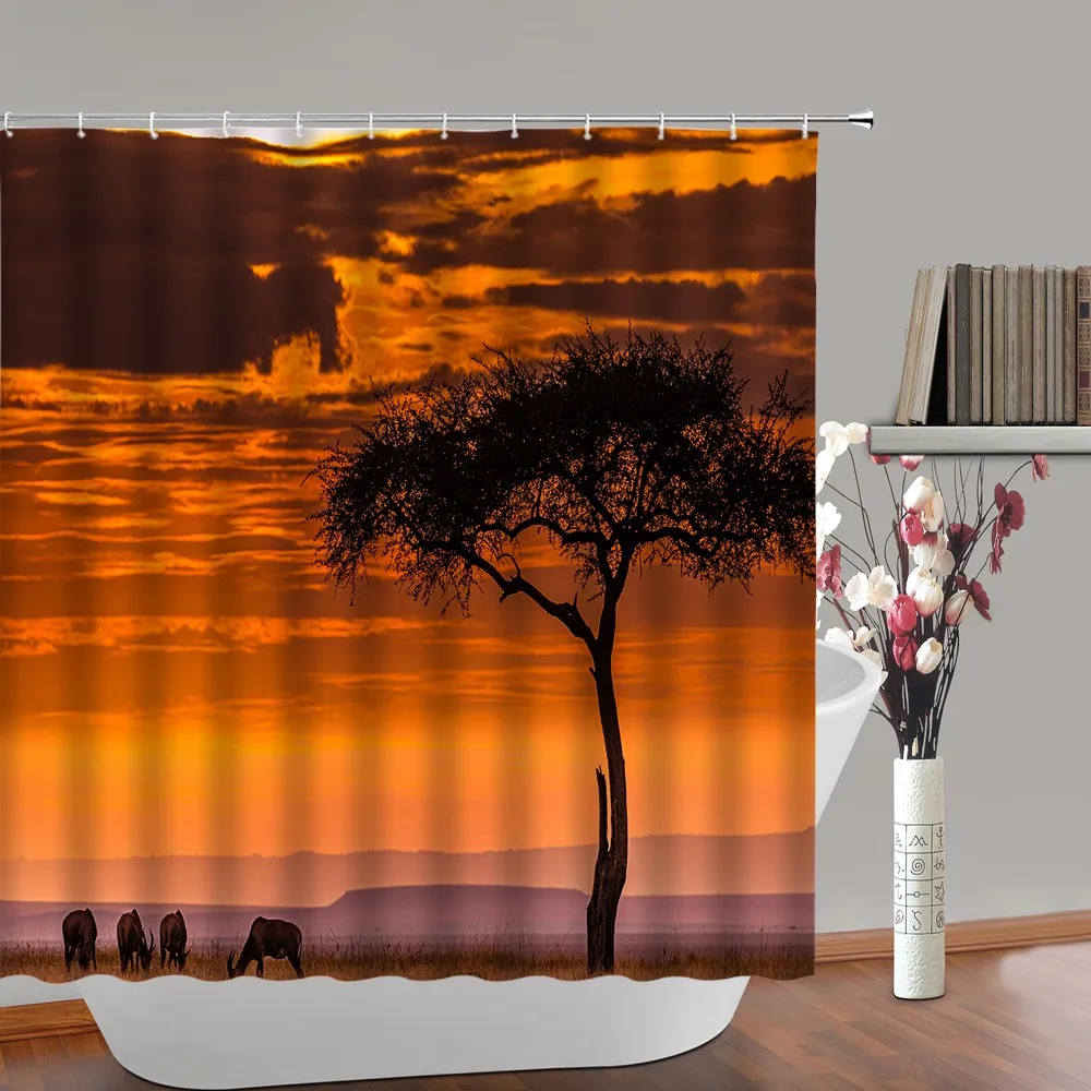 

Rural Natural Scenery Shower Curtain Mountain Tree Farm Ranch Cow Sunset Polyester Fabric Bathroom Decor Curtains Sets with Hook