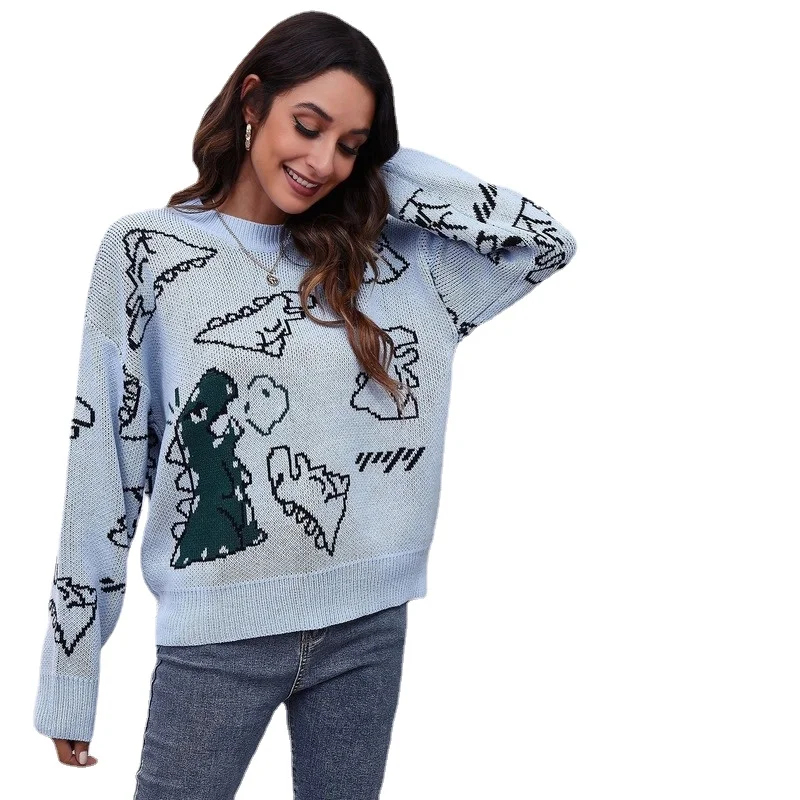 

Женский жаккардовый свитер в полоску, теплый Эластичный вязаный пуловер с мультяшным динозавром, элегантный базовый джемпер, весна-осень ...