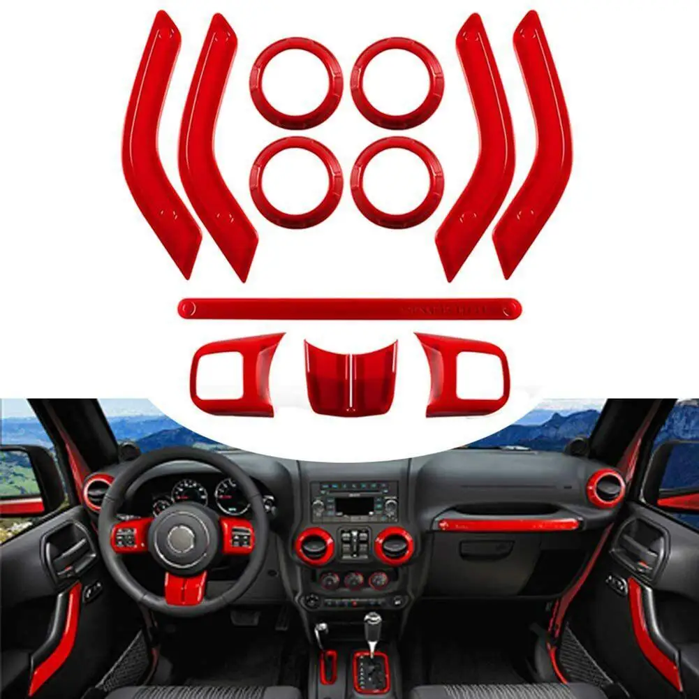 

12pcs Car Interior Trim Sticker Kit Inner Door Handle Covers Steering Wheel Trim Strips Compatible For Jk 2011-2017