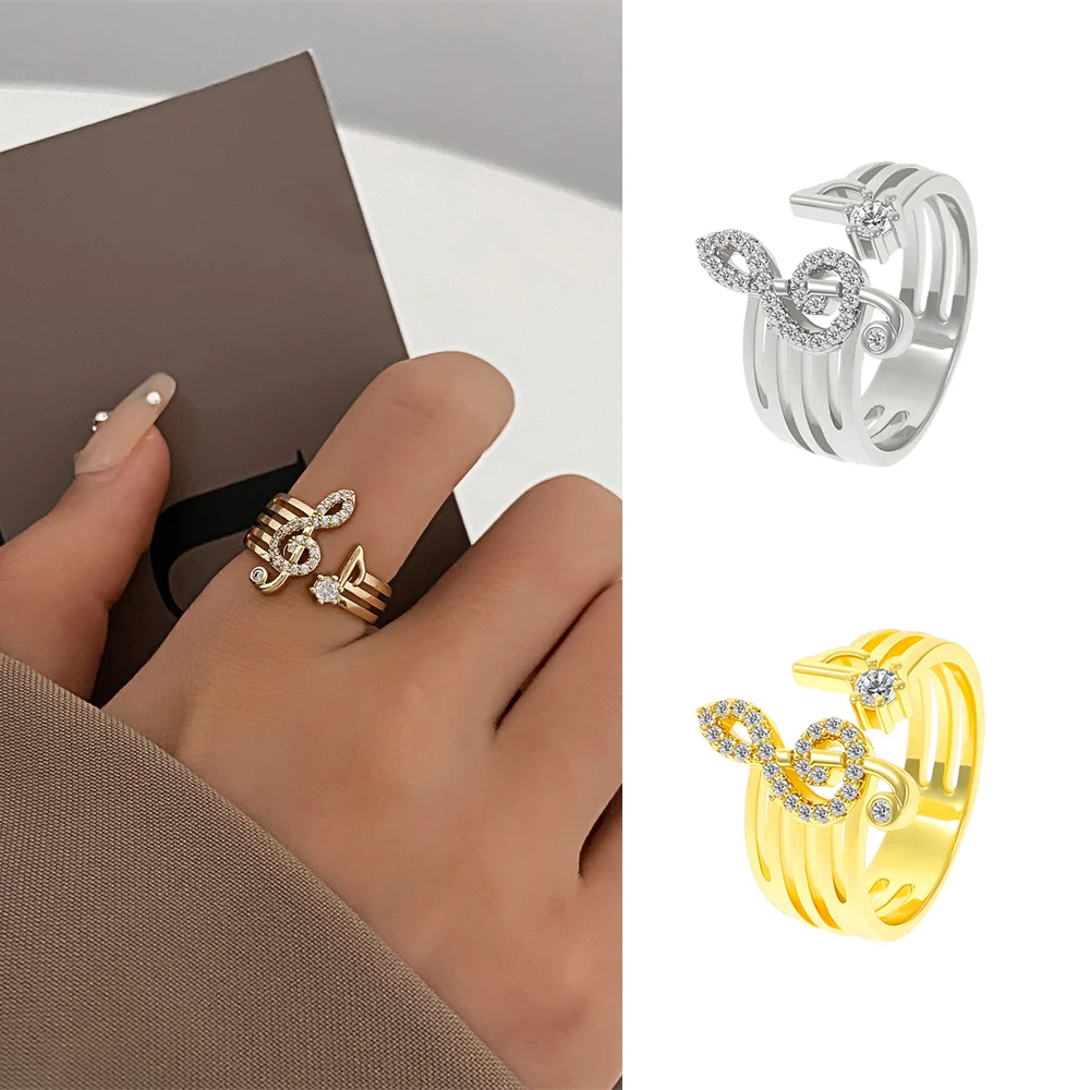 

Fashion microinset zircon music symbol ring opening copper ring personalized hand accessories