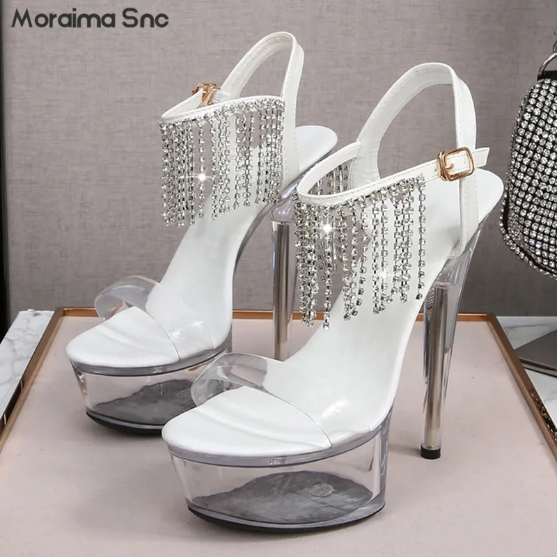 Rhinestone Chain Strap Sandals 15CM/20CM Super High Heel Platform Sandals Ankle Buckle Sexy Fashion High Heel Sandals