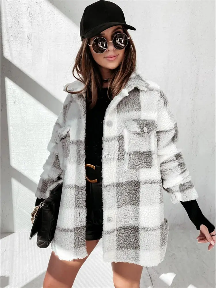 Женские свитера из шерпа пушистый флисовый свитер винтажная клетчатая куртка