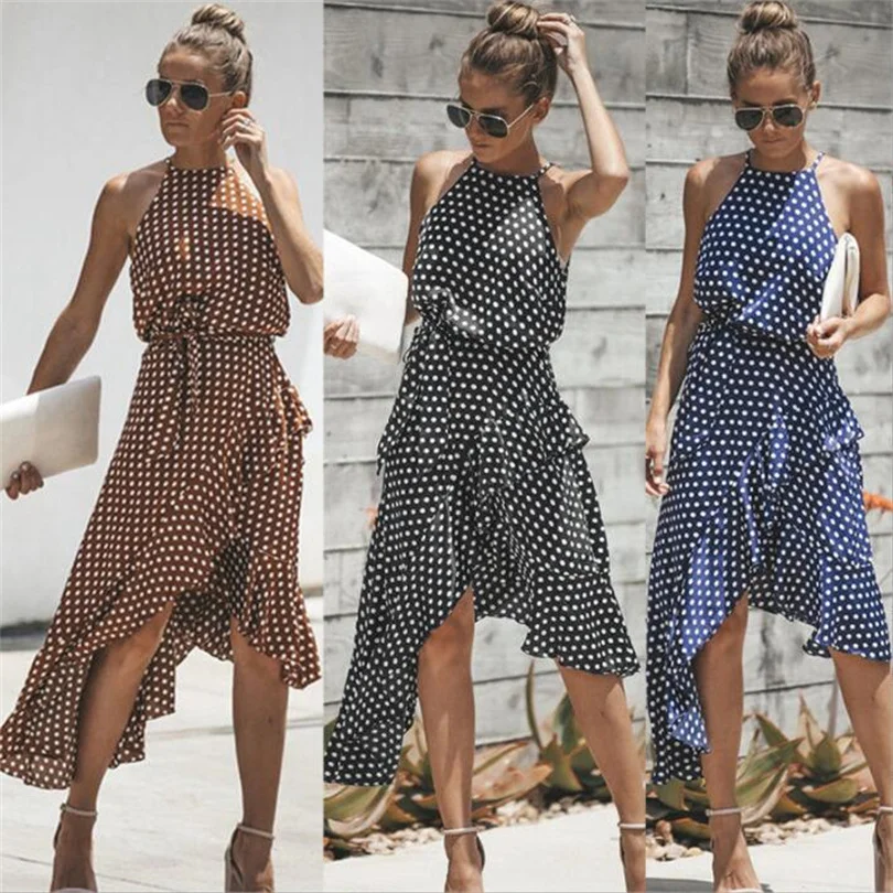 

Women Summer Fashion Polka Dot Lace Irregular Dress Halter Ladies Skirt