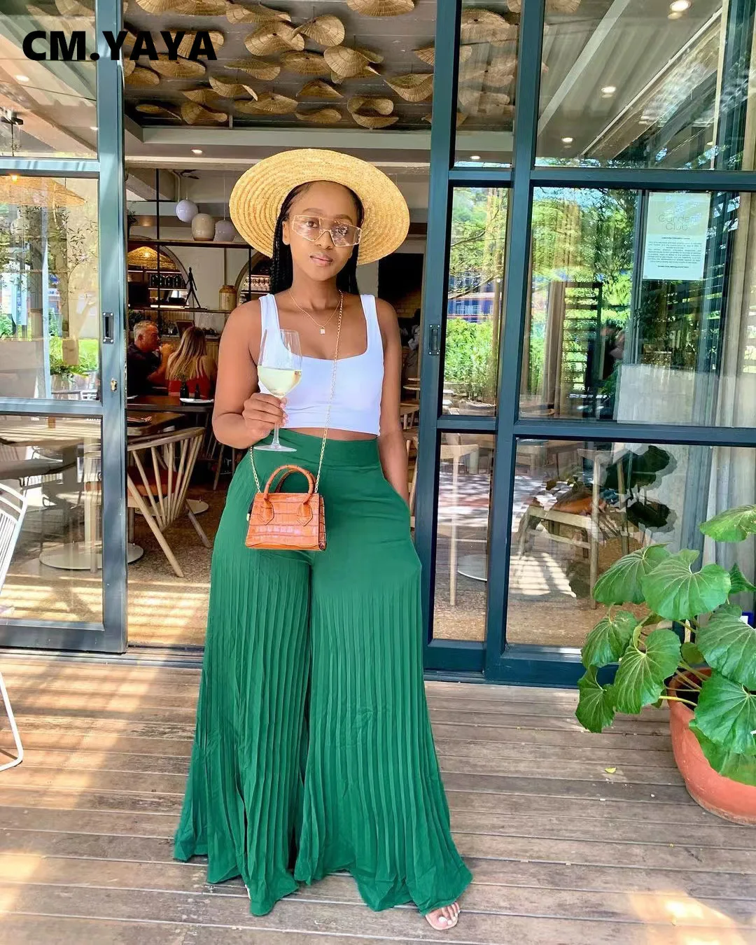 Элегантные широкие прямые плиссированные брюки CM.YAYA с высокой талией для женщин