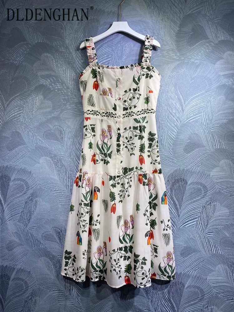 

DLDENGHAN Spring Summer Women Dress Spaghetti Strap Slash Neck Sleeveless Floral Print Vacation Backless Dresses Runway New