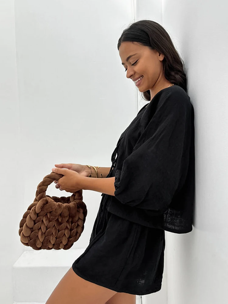 Женский комплект из блузки и шортов с рукавами-фонариками