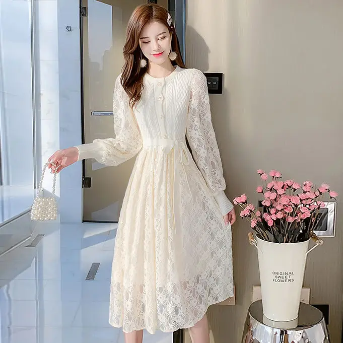 

2022 Women Autumn Winter Fashion Stitching Lace Dresses Female Long Sleeve Knit Dress Ladies Long O-neck Sweater Vestidos Q298
