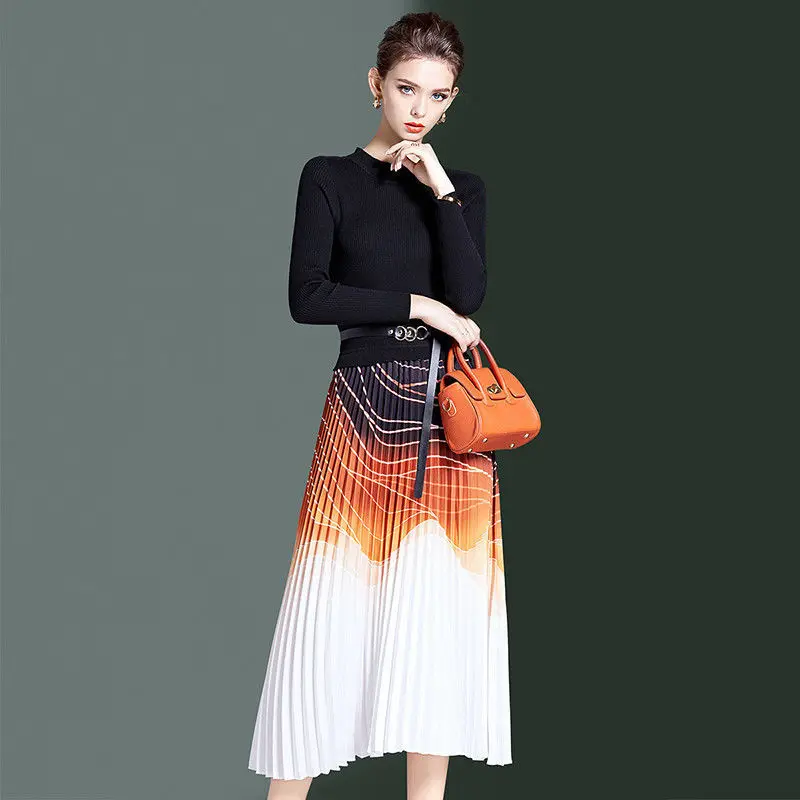 

2022 New women's dress with long style and thin temperament fake two pieces of knitted bottom Printed Dress