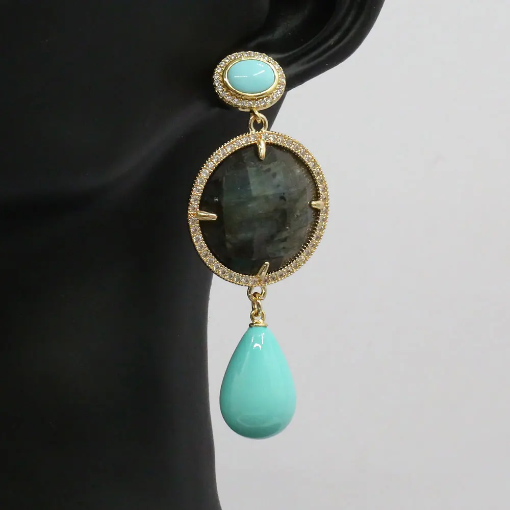 

Natural Turquoise Blue Shell Coin Shape Labradorite CZ Dangle Earrings Turquoises CZ Stud Earrings For Lady Gifts 2 orders