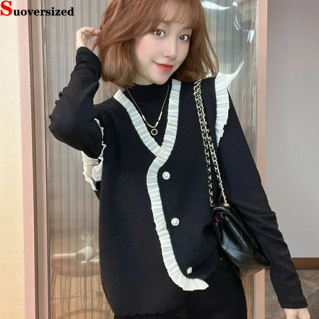 

Women Chic Patchwork Pearl Button Sweater Waistcoats Autumn Vintage Sleeveless Cardigan Thin Tops Elegant Knitted V-Neck Vest