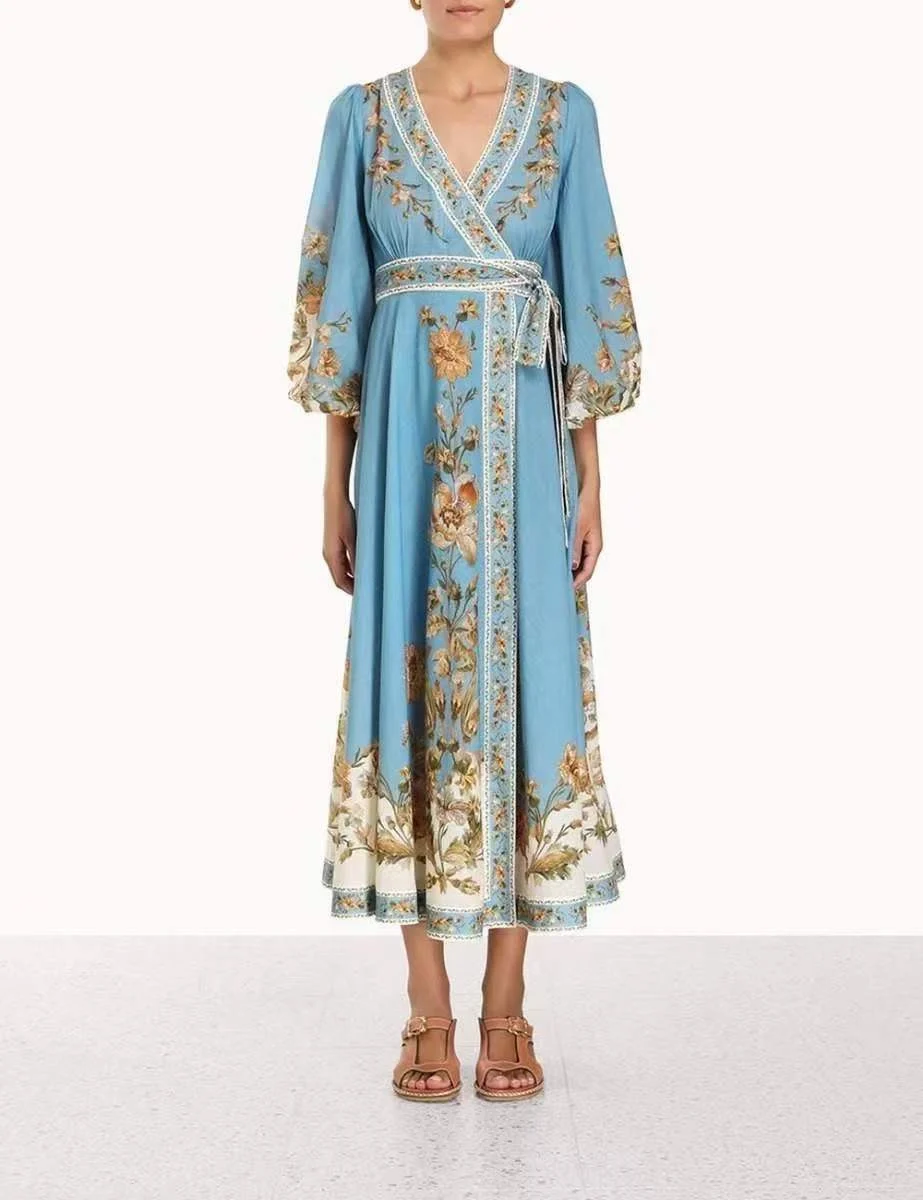 

2023 Blue New Spring Summer Vintage High Quality Cotton Floral Printing Wrap Lantern Sleeve Woman Midi Dress