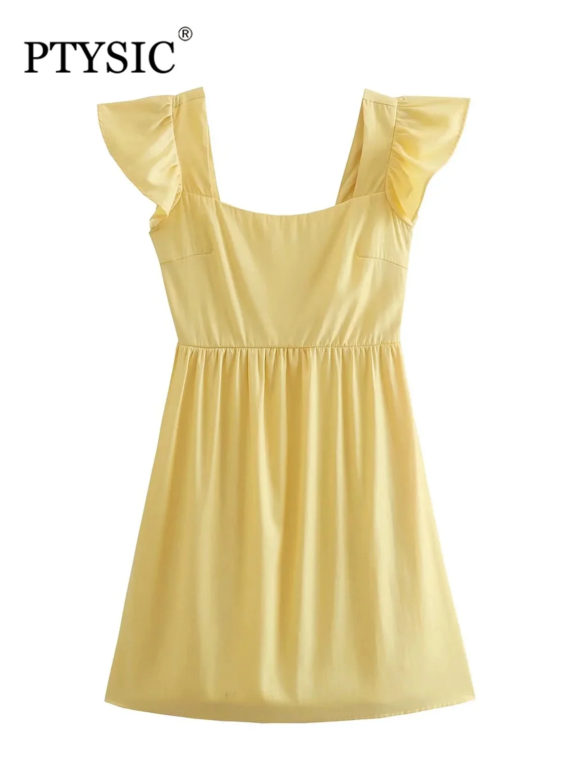 

PTYSIC Women Sweet With Yellow Flying Sleeve Mini Dress 2022 Summer Patchwork Square Collar Prairie Chic Female Vestidos Mujur