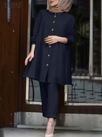 zanzea summer women turkey abayas muslim sets 2pcs elegant casual loose suit lapel solid color full sleeve blouse wide leg pants