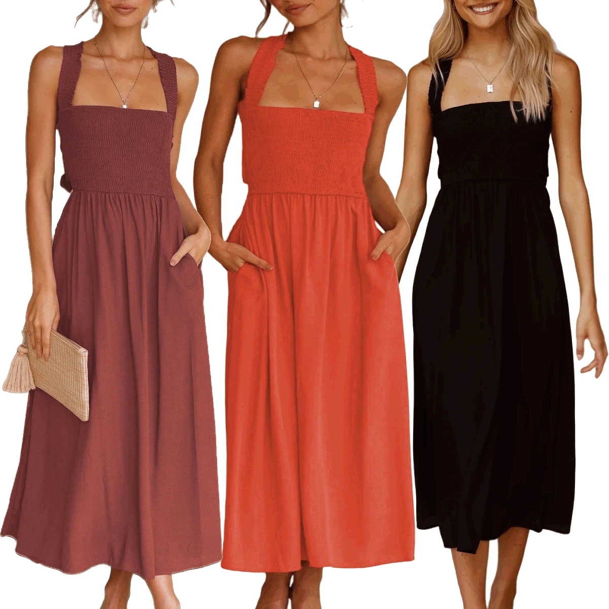 

2022 Vestido Casual Summer Dress Women Solid Color Fashion Backless Halter Cotton Long Elegant Linen Orange Maxi Dresses Female