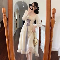 niggeey korean lace midi dress vintage puff sleeve square collar bandage chiffon dress elegant prom evening dresses for women