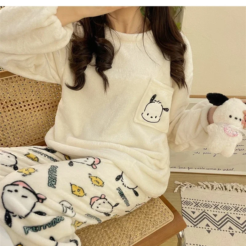 

Зимняя Пижама с аниме Sanrio HelloKitty MyMelody Cinnamoroll Kuromi мультфильм новинка утолщенная фланелевая теплая кавайная Милая Домашняя одежда комплект