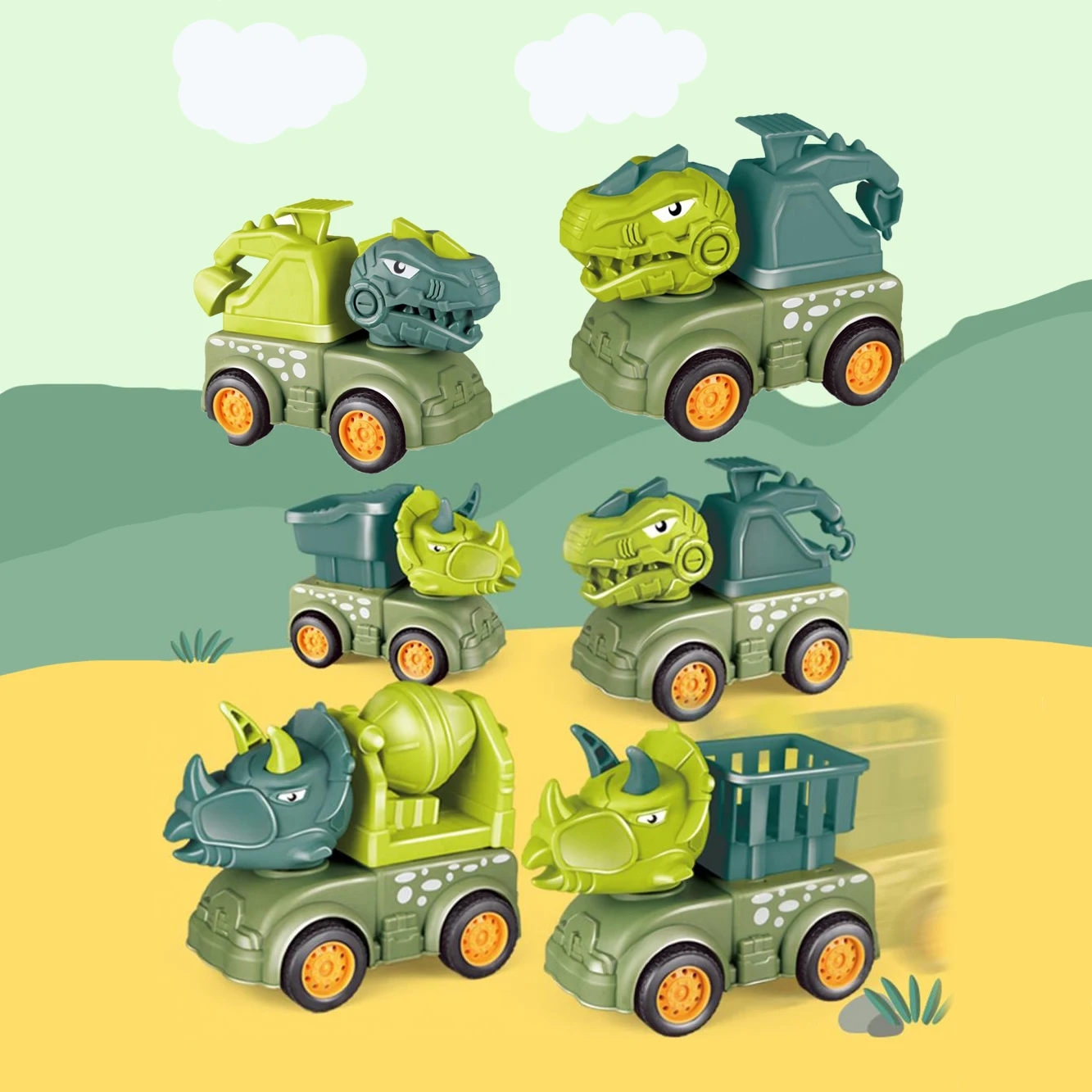 

6In1 Car Toy Set Dinosaurs Transport Car Tyrannosaur Triceratops Press Slide Dinosaur Assembly Project Toy Inertia Pull Back Car