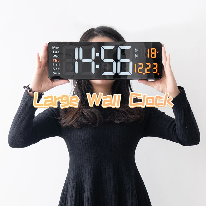 

Цифровые настенные часы для гостиной, зеркальный дисплей с отображением температуры и недели, цифровые настольные светодиодные часы с дистанционным управлением для спальни, прикроватной тумбочки