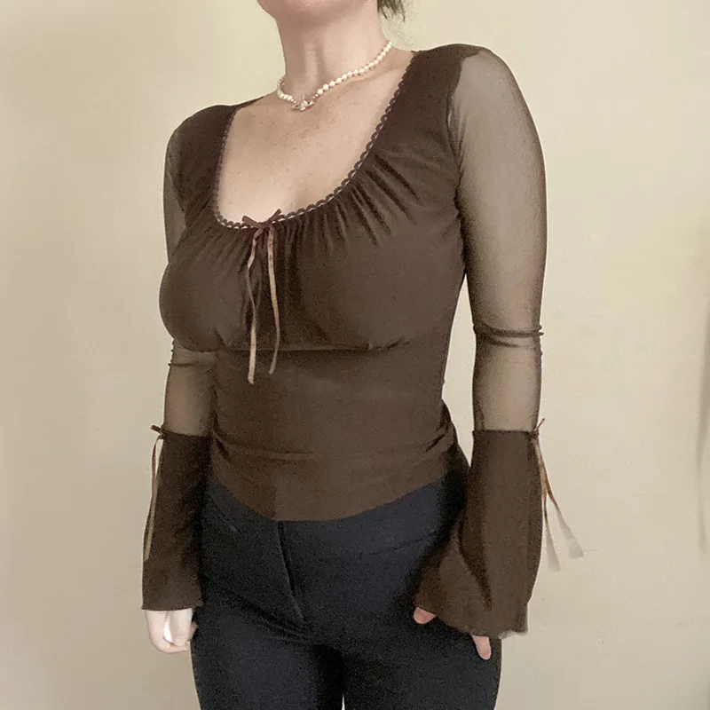 

Women's Round Neck Mesh Stitched Top Flared Sleeve Sexy Slim Tee