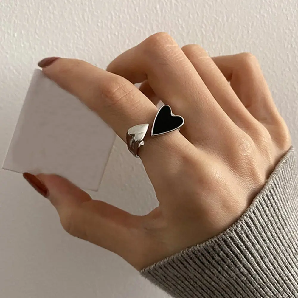 

Trendy Two-color Black Heart Rings For Women Minimalist Aesthetic Drop Of Oil Open Rings Female Metal Punk Party Jewelry