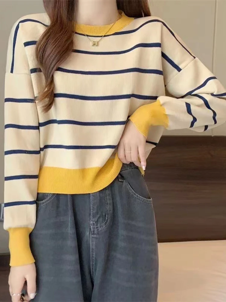 

Autumn Winter New Elegant Fashion Round Neck Striped Pullover Long Sleeve Sweater Women Casual Versatile Office Commuting Tops