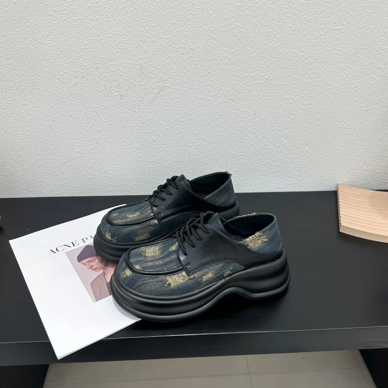 

British Style Small Leather Shoes for Women 2023 Spring and Autumn Thick Soles Japanese JK Torn Denim Canvas