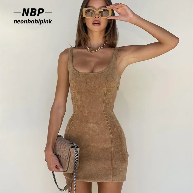 

NEONBABIPINK Khaki Suede Sleeveless Bodycon Mini Dresses for Women 2022 Club Wear Sexy Fashion Dinner Outfits Women N33-CC18
