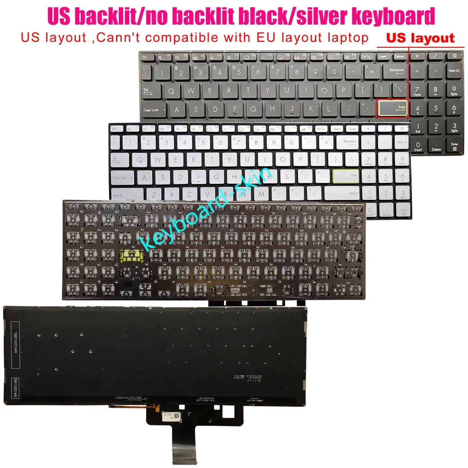 Новая клавиатура США с подсветкой/без подсветки для Asus X521 X521F X521E X521UA X521IA X521J S533 S533E