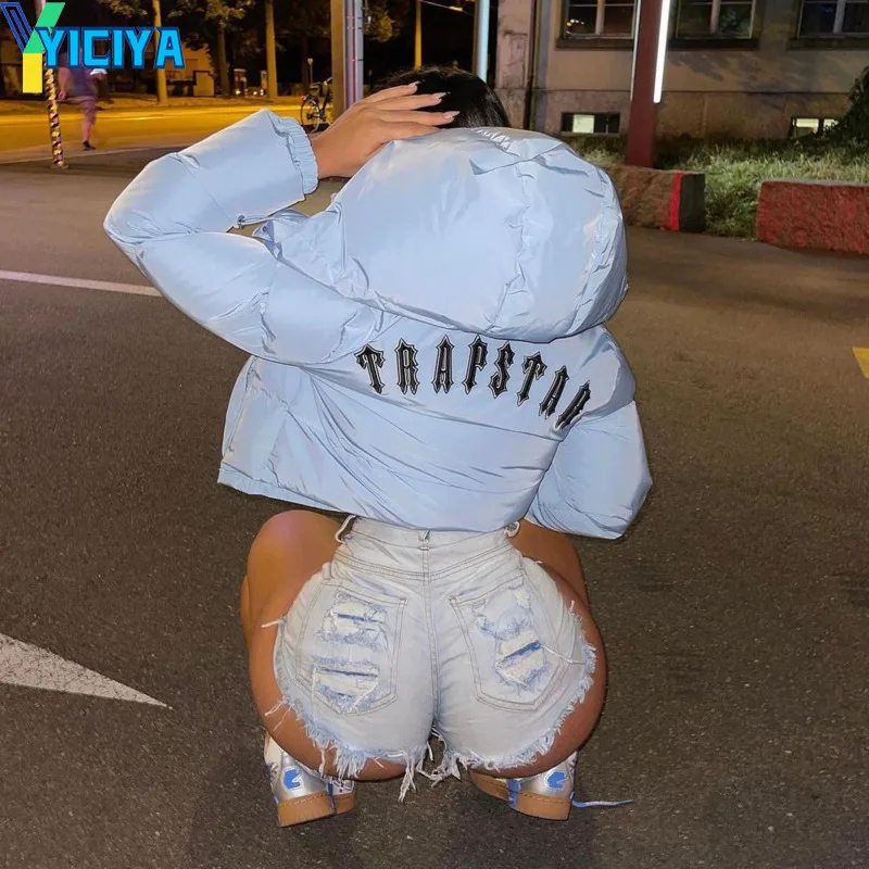 YICIYA Winter Autumn Parkas 2023 Woman Zipper Embroidered Letter Short Jackets Thick Hoodies Long Sleeve Coat Outwear Streetwear
