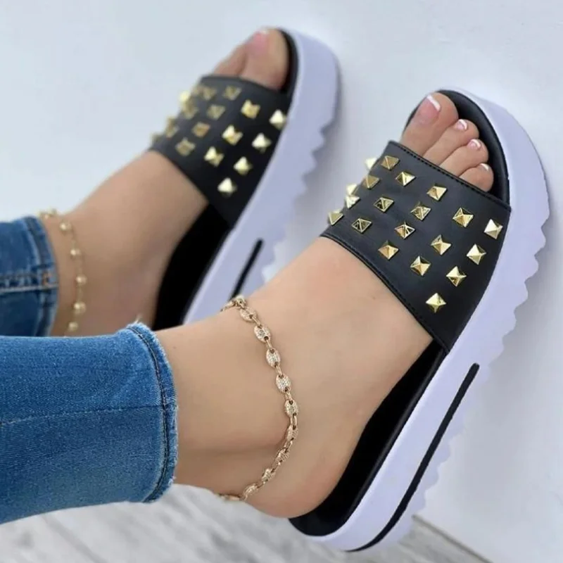 

Women Sandals Summer 2022 New Shoes For Women Platform Sandals Heels Slippers Rivets Wedges Chaussure Femme Beach Flip Flops