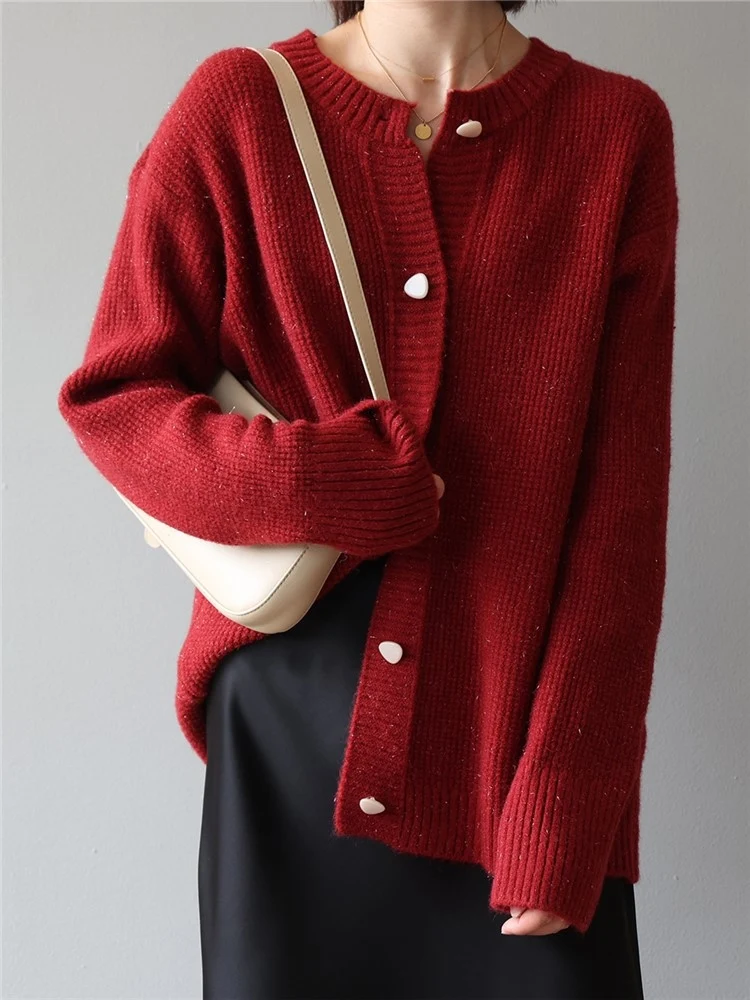 

Spring Fashion Sweet Elegant Solid Color Shiner Single-breasted Long Sleeve Knitted Cardigan for Women Girl Chic Sweater Vintage