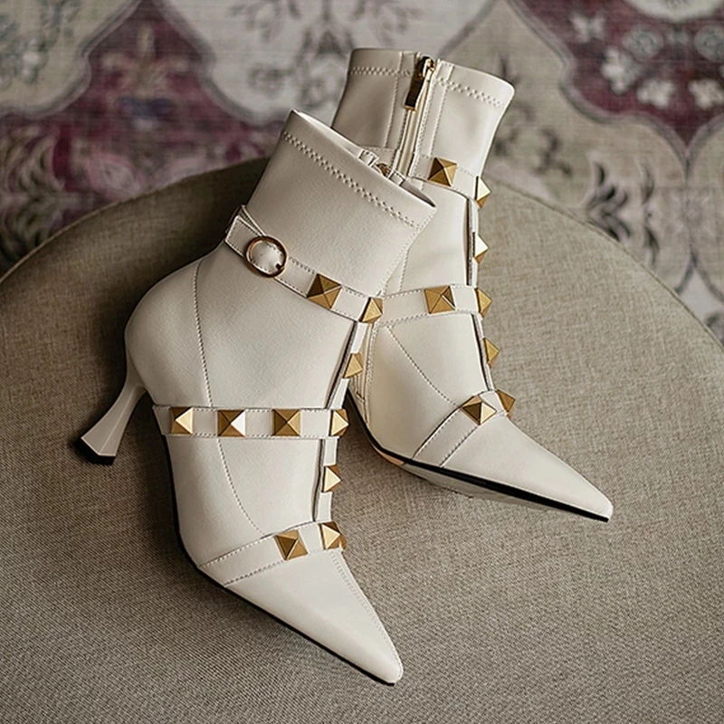 

Sexy Female Heels Boots Women PU Leather Rivet Design Upper Zippers Stilettos Heel 7.5cm Pointed Toe Ankle Boots Women Boots