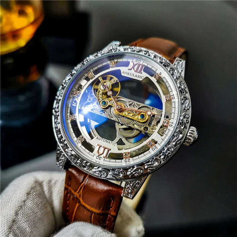

AOKULASIC модные автоматические механические часы мужские роскошные брендовые классические дизайнерские полые деловые водонепроницаемые часы для мужчин 2023 Новинка
