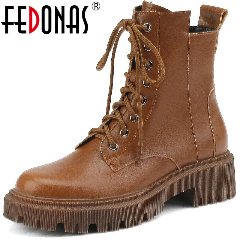 

FEDONAS Motorcycle Boots Women Ankle Boots Autumn Winter Outdoor Neutral Fashion Leisure Genuine Leather Thick Heels Shoes Woman