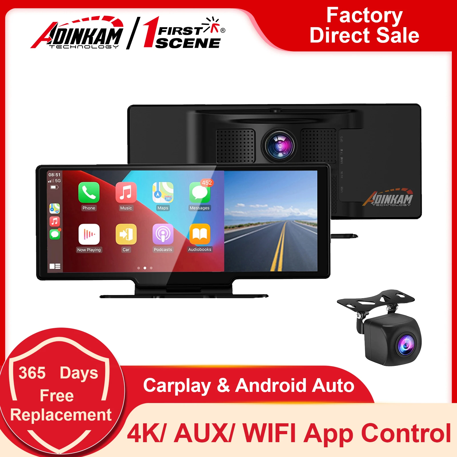 

10.26 Inch 4K Dash Cam Front and Rear Camera Wireless Apple Carplay Android Auto WIFI Car Black Box with Rearview Mirror GPS AUX
