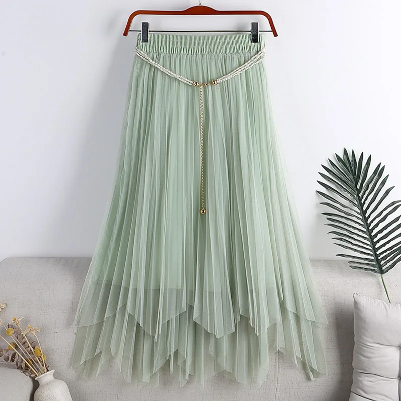 

Женская Асимметричная длинная юбка из тюля, элегантная юбка средней длины с высокой талией и цепочкой, бежевая, зеленая, розовая, черная, лет...
