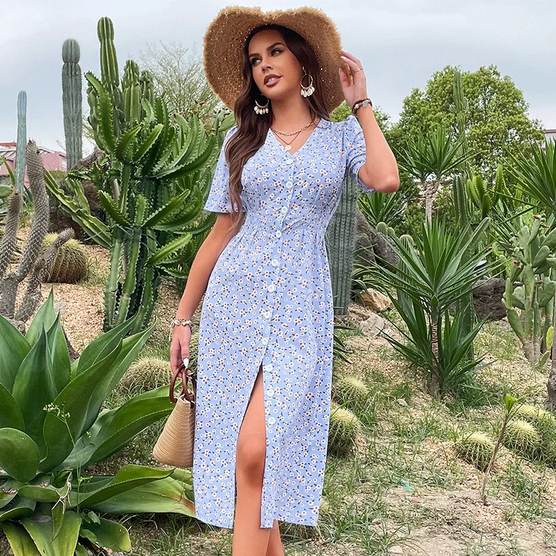 

Summer 2022 Blue Chic Women Floral Buttom Long Dress Deep V Neck Short Sleeve Ladies Print Midi Holiday Dress Robe Vestidos