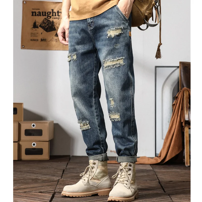 Men Clothing 2022 New Straight Loose Cylinder Jeans Vintage Comfortable Blue Ripped  Harun Trousers Female Autumn and Winter