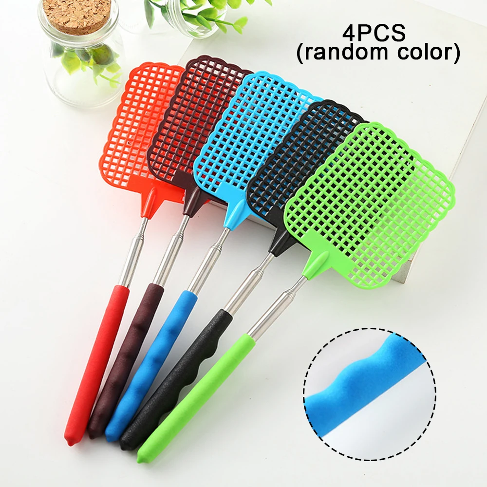 

4 Pcs Mosquito And Fly Killing Plastic Fly Swatter Retractable Stainless Steel Rod For Indoor And Outdoor Use Random Color