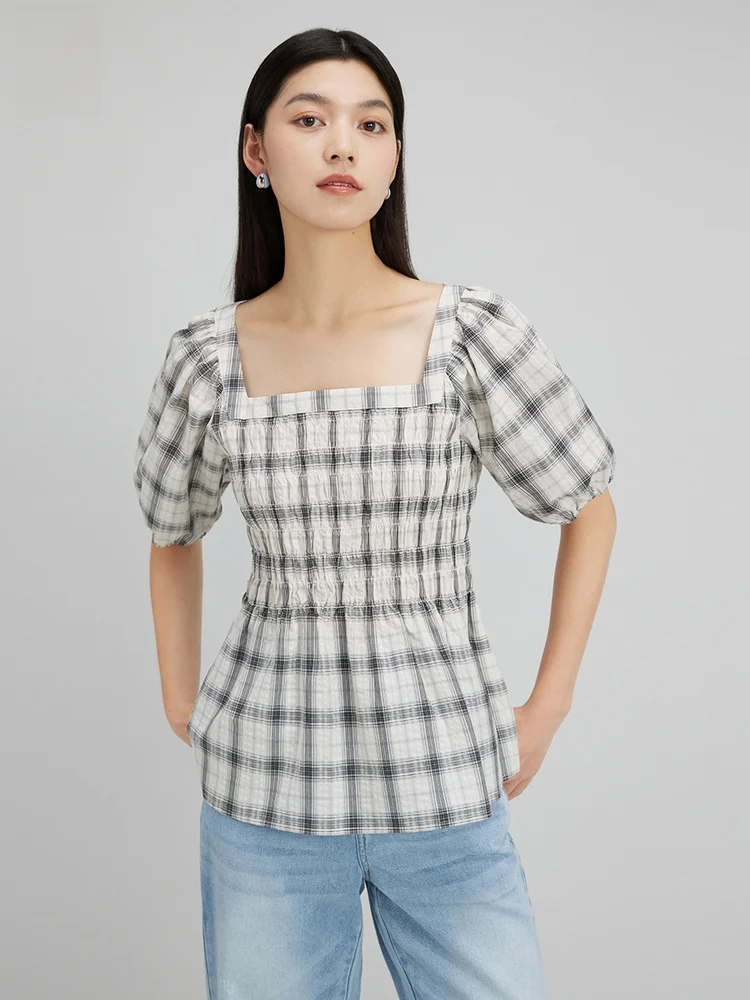 Трансляция клетчатая рубашка с объемными рукавами и квадратным воротником