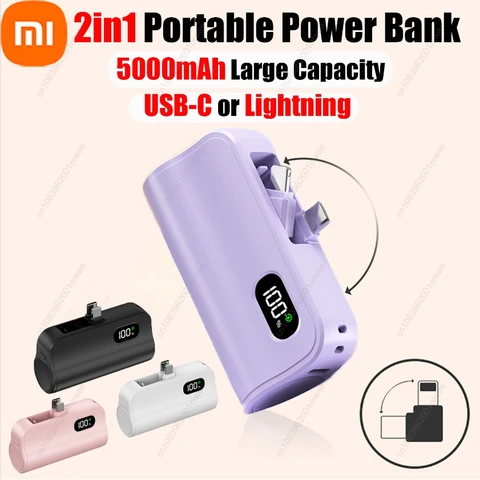 Xiaomi Mini 5000 мАч Power Bank Встроенный кабель Портативное зарядное устройство для мобильного телефона Внешняя батарея Капсула Powerbank для Type-C iPhone