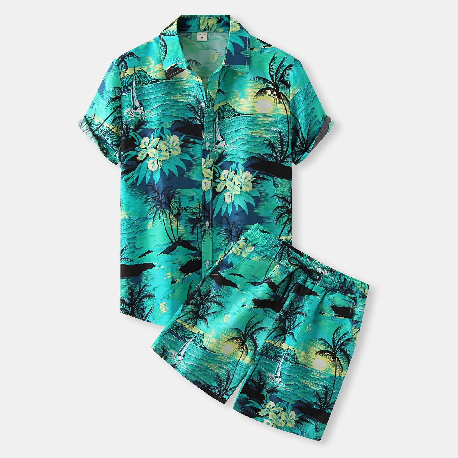 

Male Hawaii Beach Print Suit Two Piece Short Sleeve Turn Down Collar Shirt Pocket Shorts Suit Blue Suites for Men