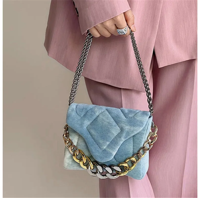 

Petscog Luxury Design Women's Shoulder Bag Denim Blue Chains Cover Hasp Crossbody Bags Vintage Casual Handbag Fashion Tote