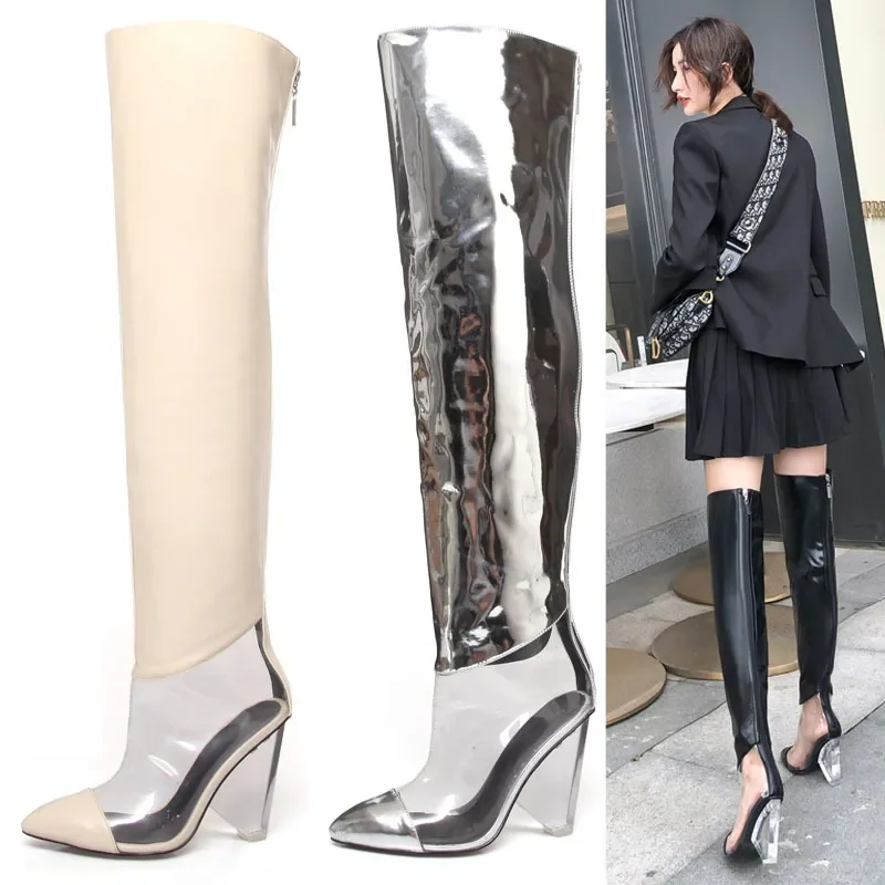 Зеркальные сапоги выше колена на танкетке из лакированной кожи прозрачной формы