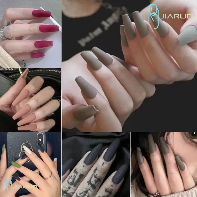 

JIARUO Press on Nails Long Matte Fake Nail Art Coffin Tip Set with Designs Acrylic Artificial Forms for Extension Reusable False