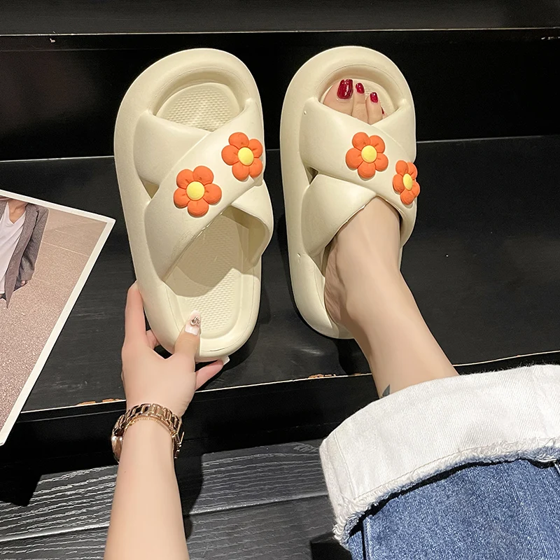 

Med Cross-Tied Shoes House Slippers Platform Luxury Slides Flower Summer Flat Designer PU Floral Fashion Med Shoes Slippers Flat