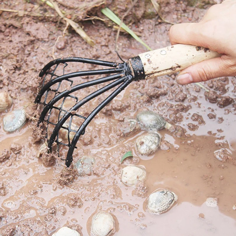 

1PC Clam Rake 5 Claw Home Shell Beach Conch Dig Seafood Accessories Tool Useful With Net Wood Handle Pitchfork Garden