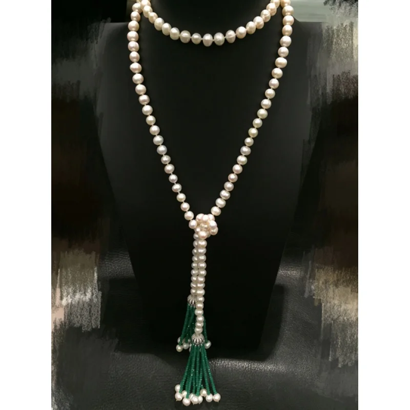 Ожерелье-цепочка длинное с натуральным жемчугом колье длиной 7-8 мм белый